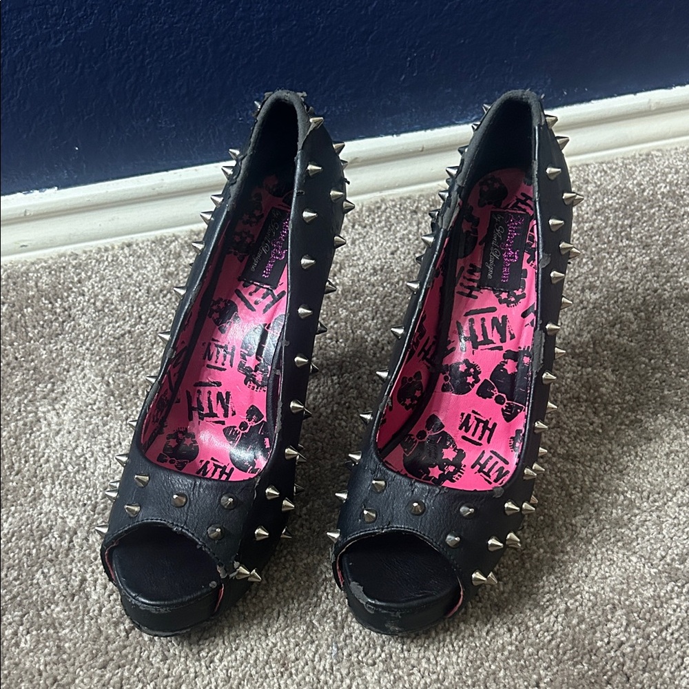 Abbey Dawn Black Spiked Peep-Toe Heels